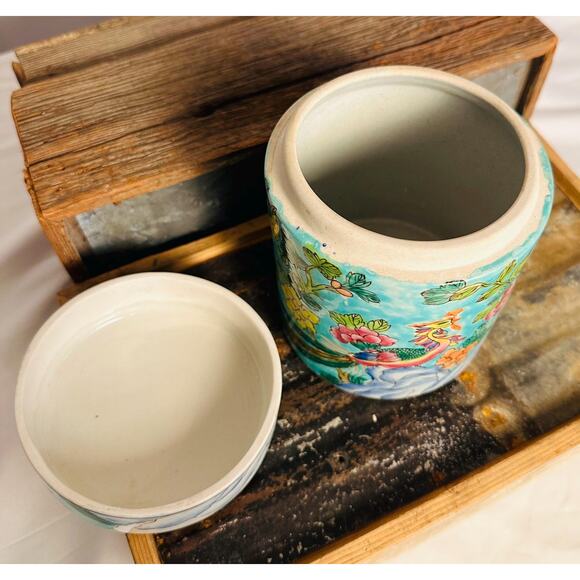 Ceramic Asian Tea Jar with Lid Hand Painted Antique Tea caddy Ginger Jar - Picture 4 of 10